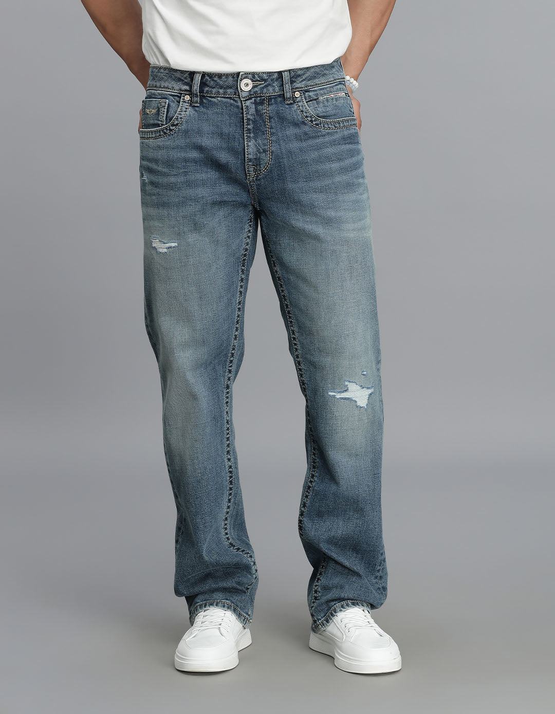 Med Blue 5 Pocket Midrise, Comfort And Straight Fit Jeans