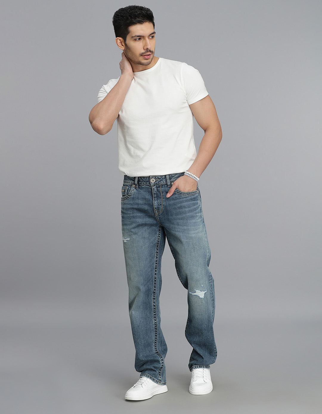 Med Blue 5 Pocket Midrise, Comfort And Straight Fit Jeans