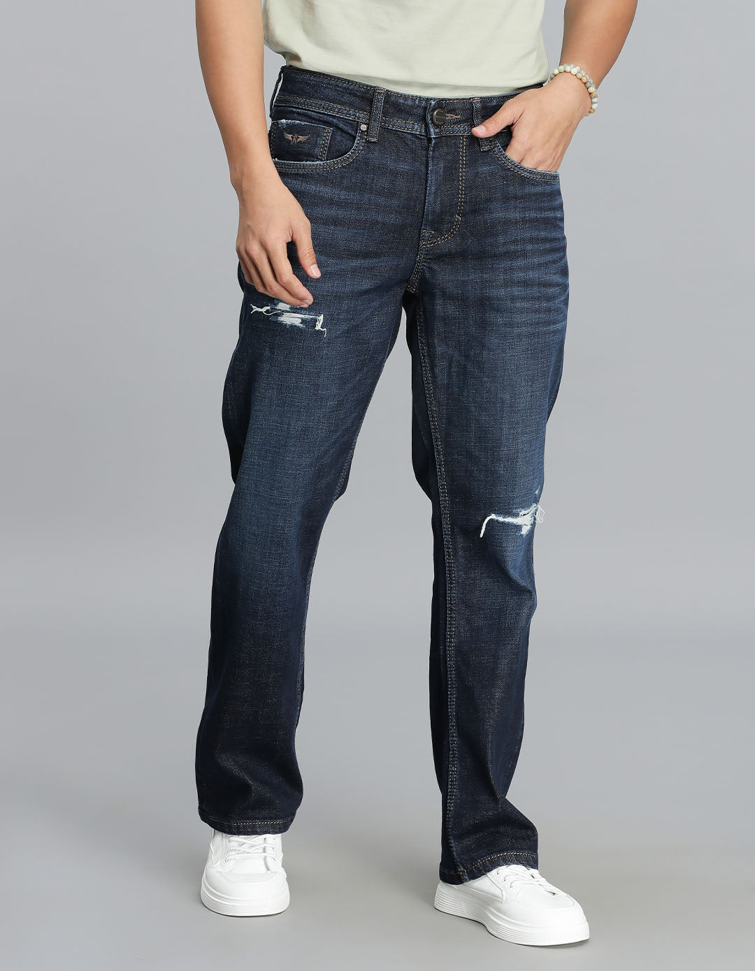 Dk Blue 5 Pocket Mid Rise Loose Boot Leg Cropped Jeans