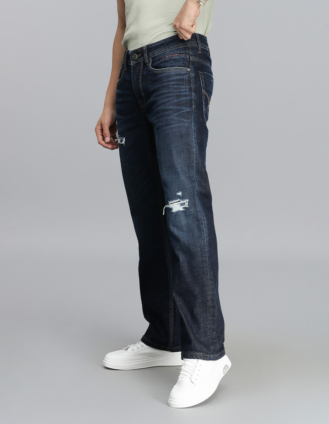 Dk Blue 5 Pocket Mid Rise Loose Boot Leg Cropped Jeans