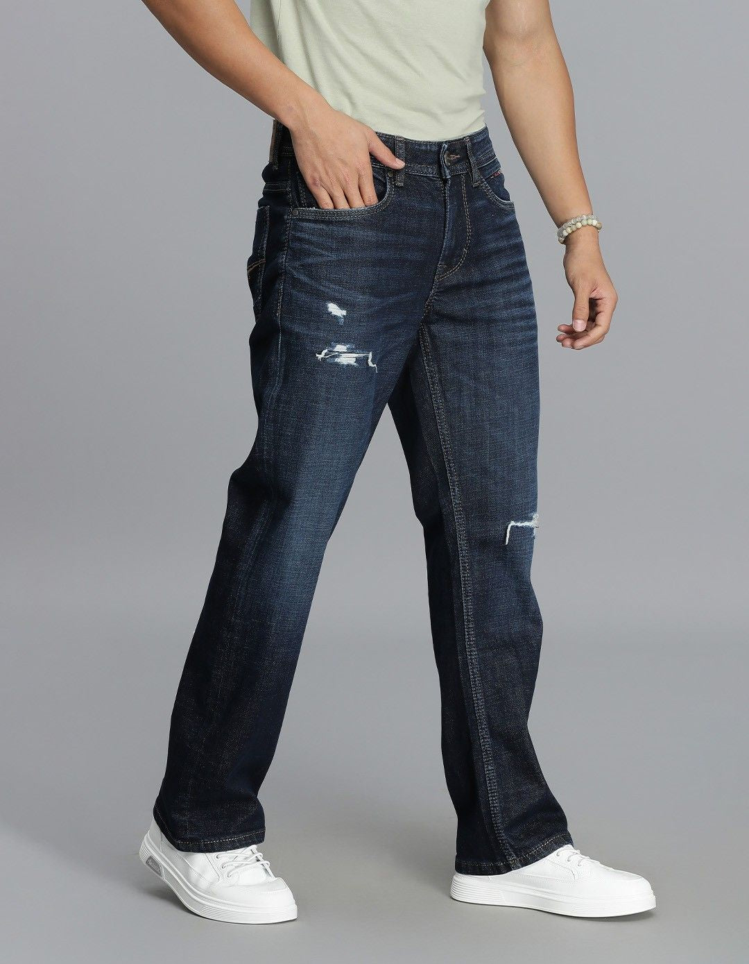 Dk Blue 5 Pocket Mid Rise Loose Boot Leg Cropped Jeans