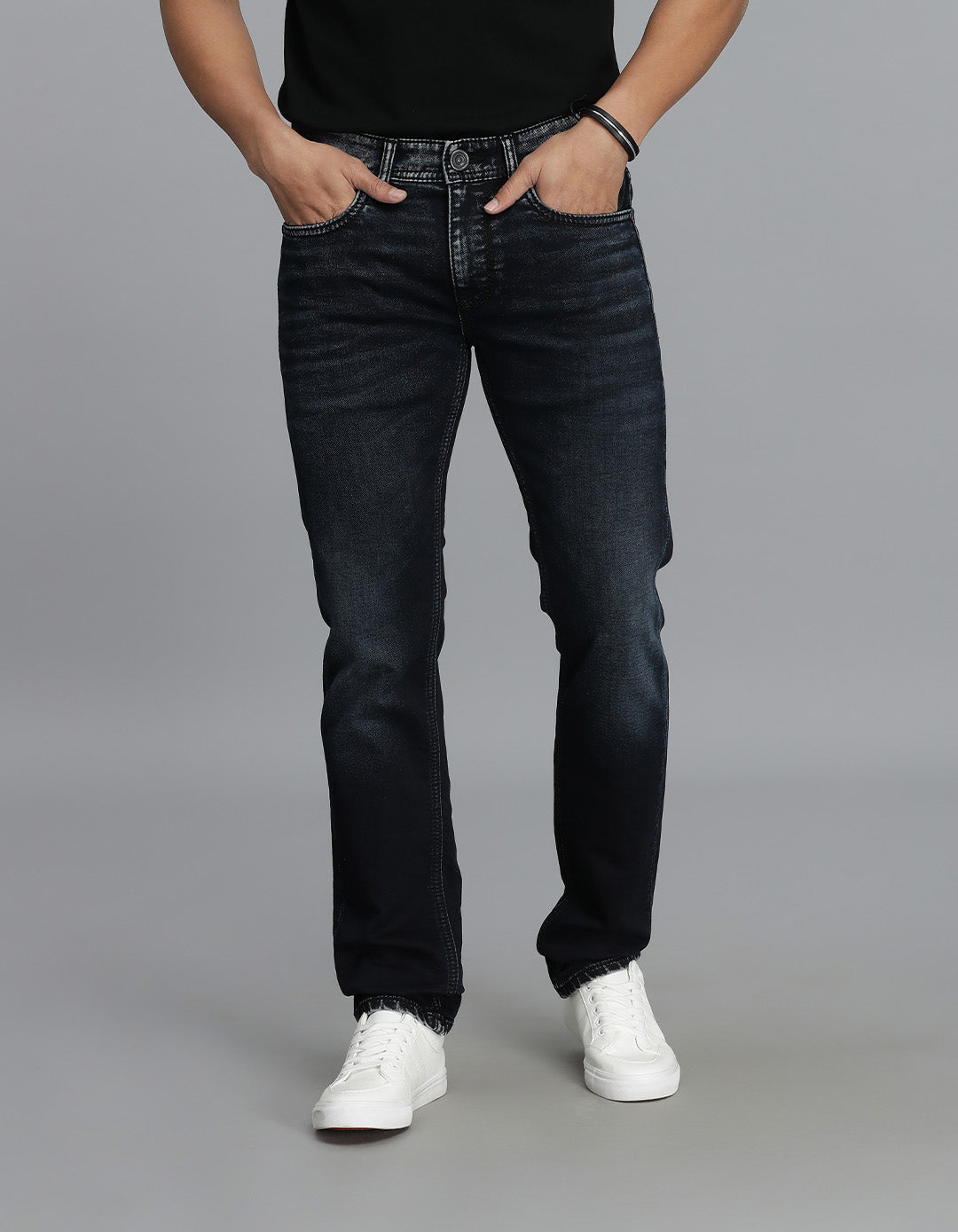 Dk Blue 5 Pocket Mid-Rise Slim Straight Fit Jeans