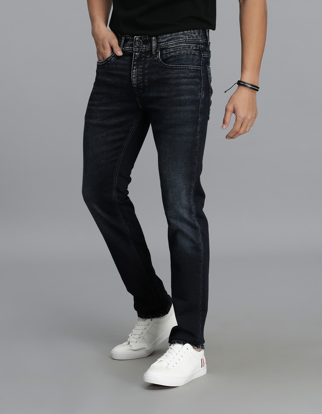 Dk Blue 5 Pocket Mid-Rise Slim Straight Fit Jeans