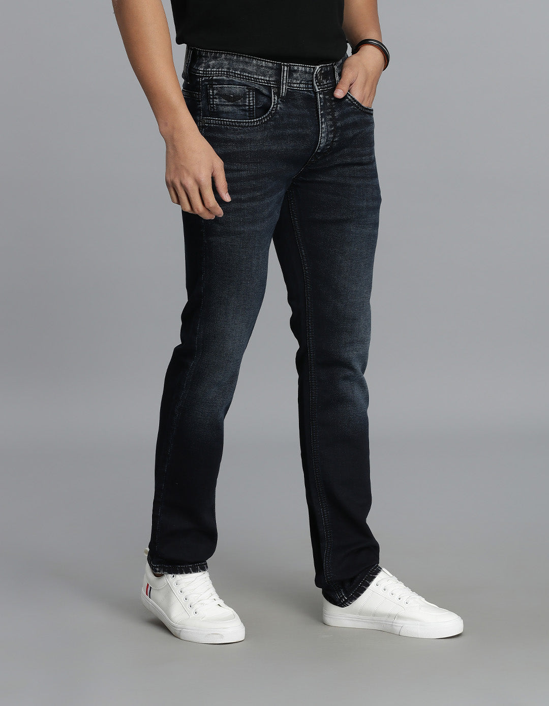 Dk Blue 5 Pocket Mid-Rise Slim Straight Fit Jeans