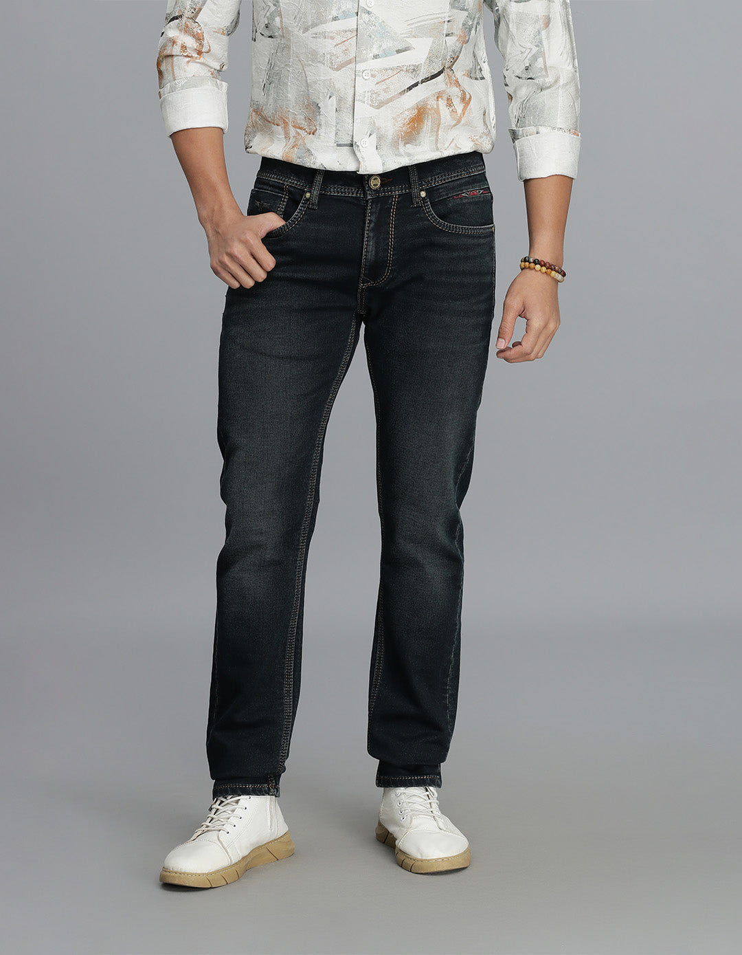 Dk Blue 5 Pocket Mid-Rise Slim Straight Fit Jeans