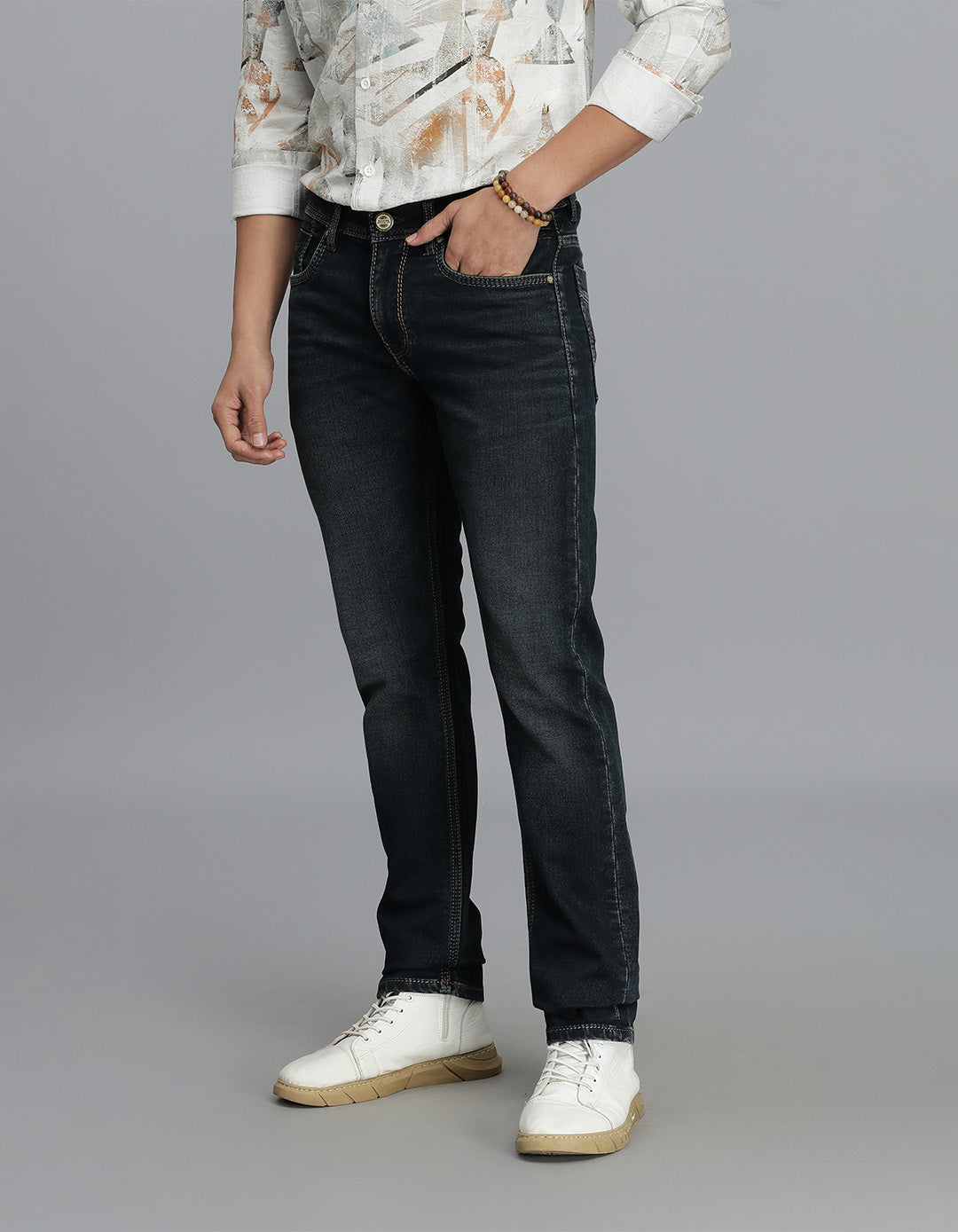 Dk Blue 5 Pocket Mid-Rise Slim Straight Fit Jeans