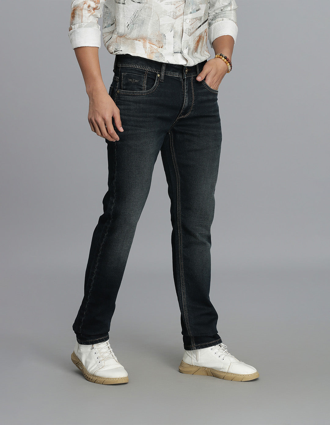 Dk Blue 5 Pocket Mid-Rise Slim Straight Fit Jeans
