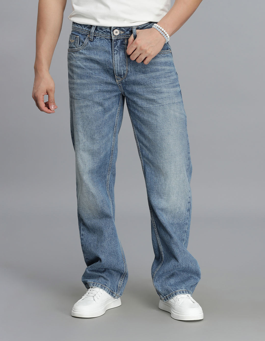 Med Blue 5 Pocket Midrise Loose Fit Jeans
