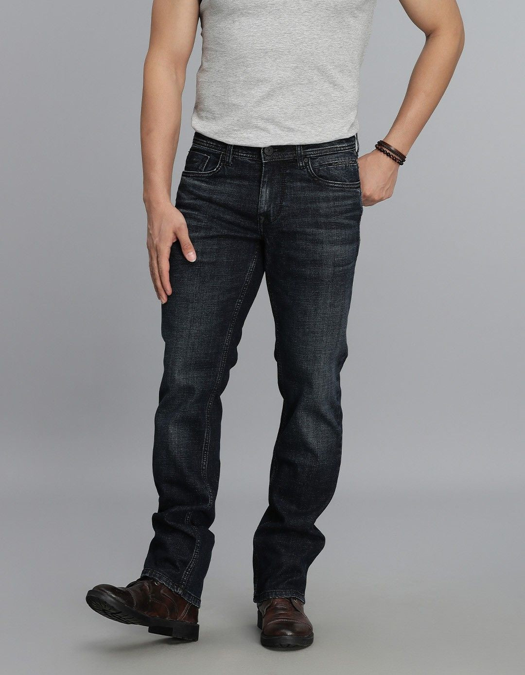 Dk Blue 5 Pocket Mid Rise Loose Boot Leg Jeans