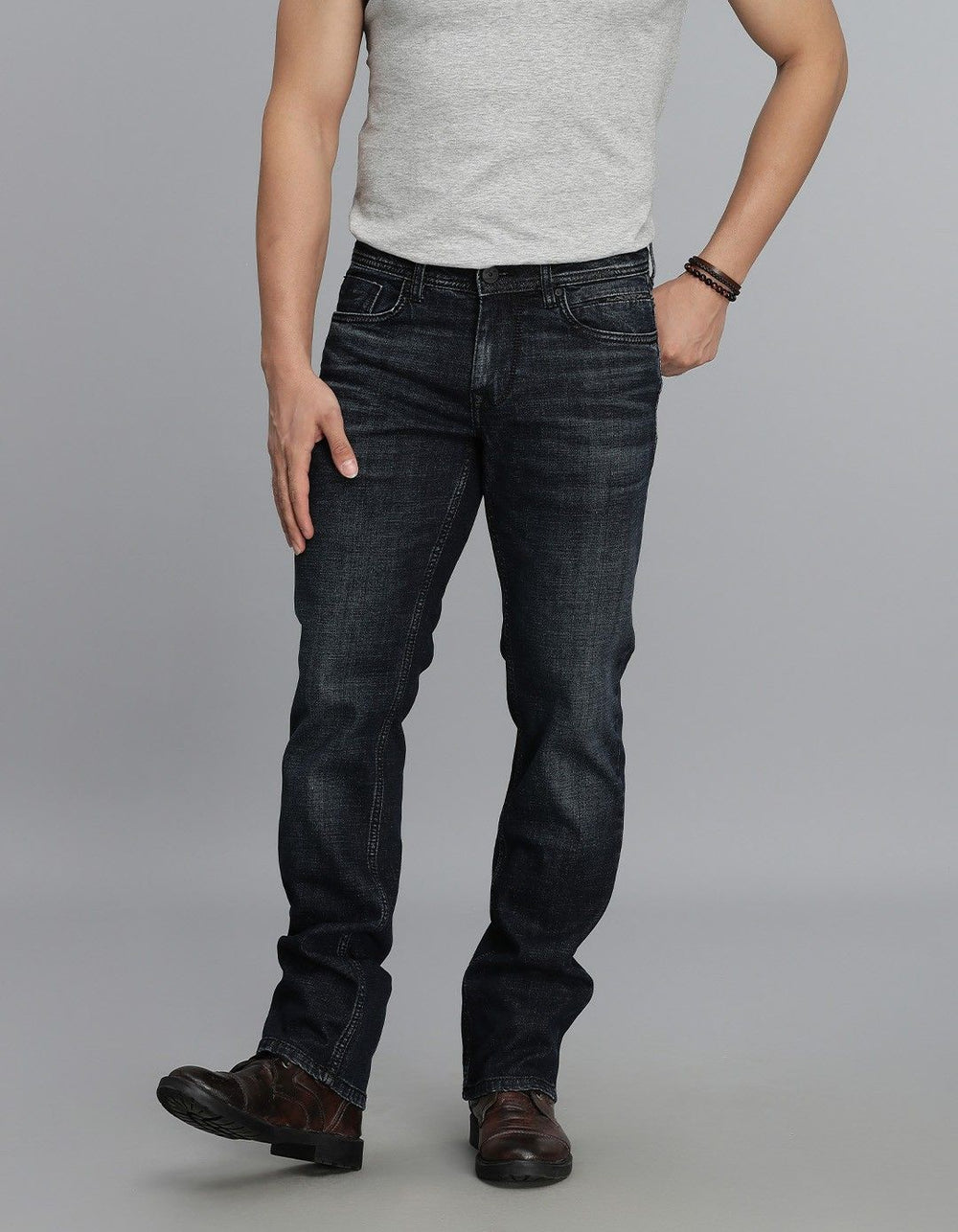 Dk Blue 5 Pocket Mid Rise Loose Boot Leg Jeans
