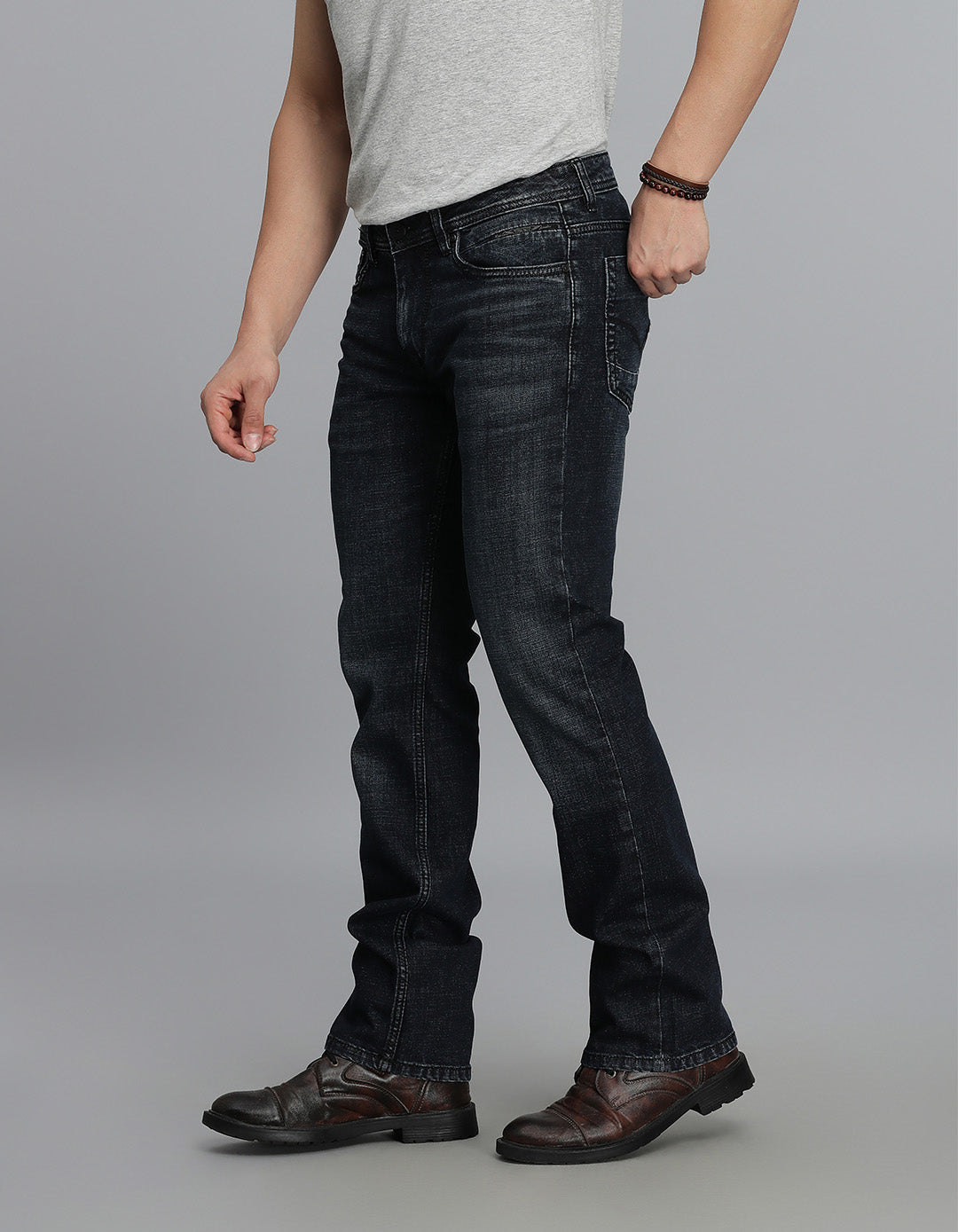 Dk Blue 5 Pocket Mid Rise Loose Boot Leg Jeans