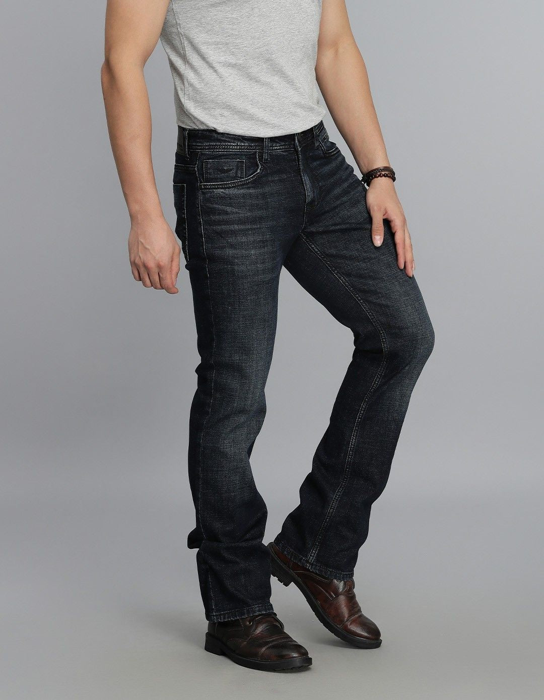 Dk Blue 5 Pocket Mid Rise Loose Boot Leg Jeans