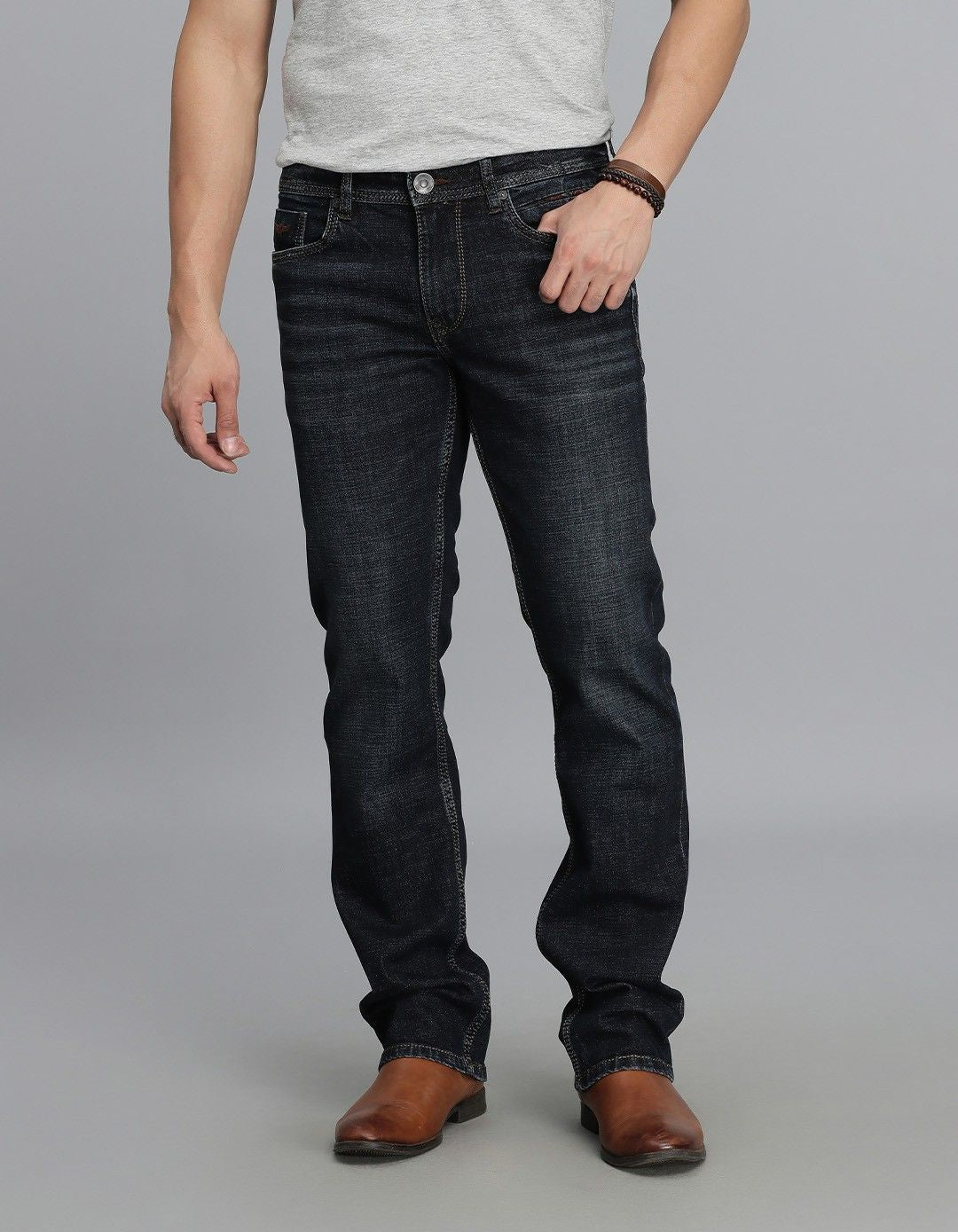 Dk Blue 5 Pocket Mid Rise Loose Boot Leg Jeans