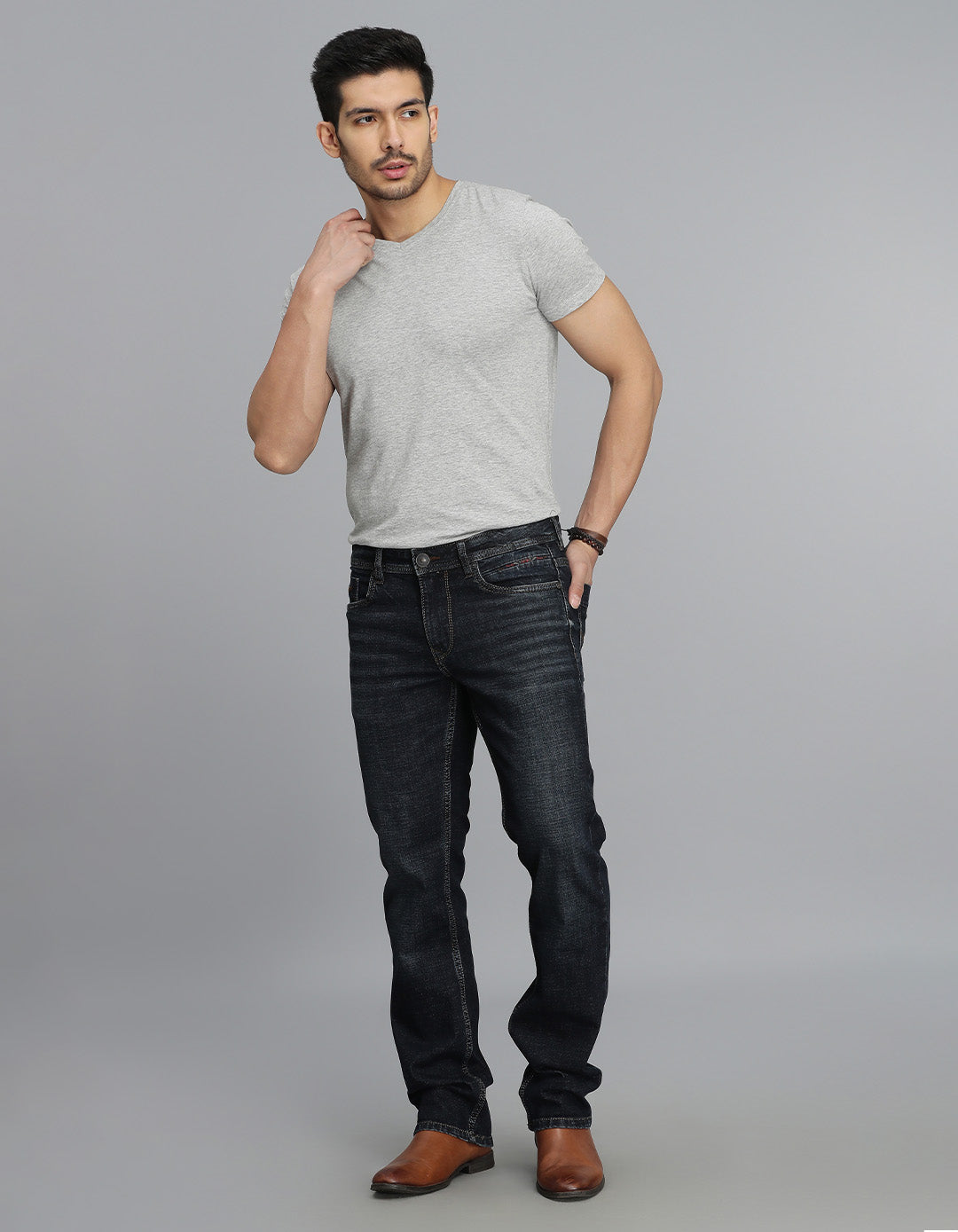 Dk Blue 5 Pocket Mid Rise Loose Boot Leg Jeans