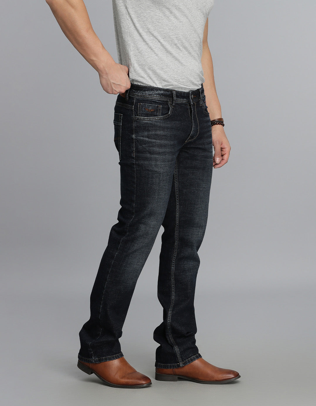 Dk Blue 5 Pocket Mid Rise Loose Boot Leg Jeans