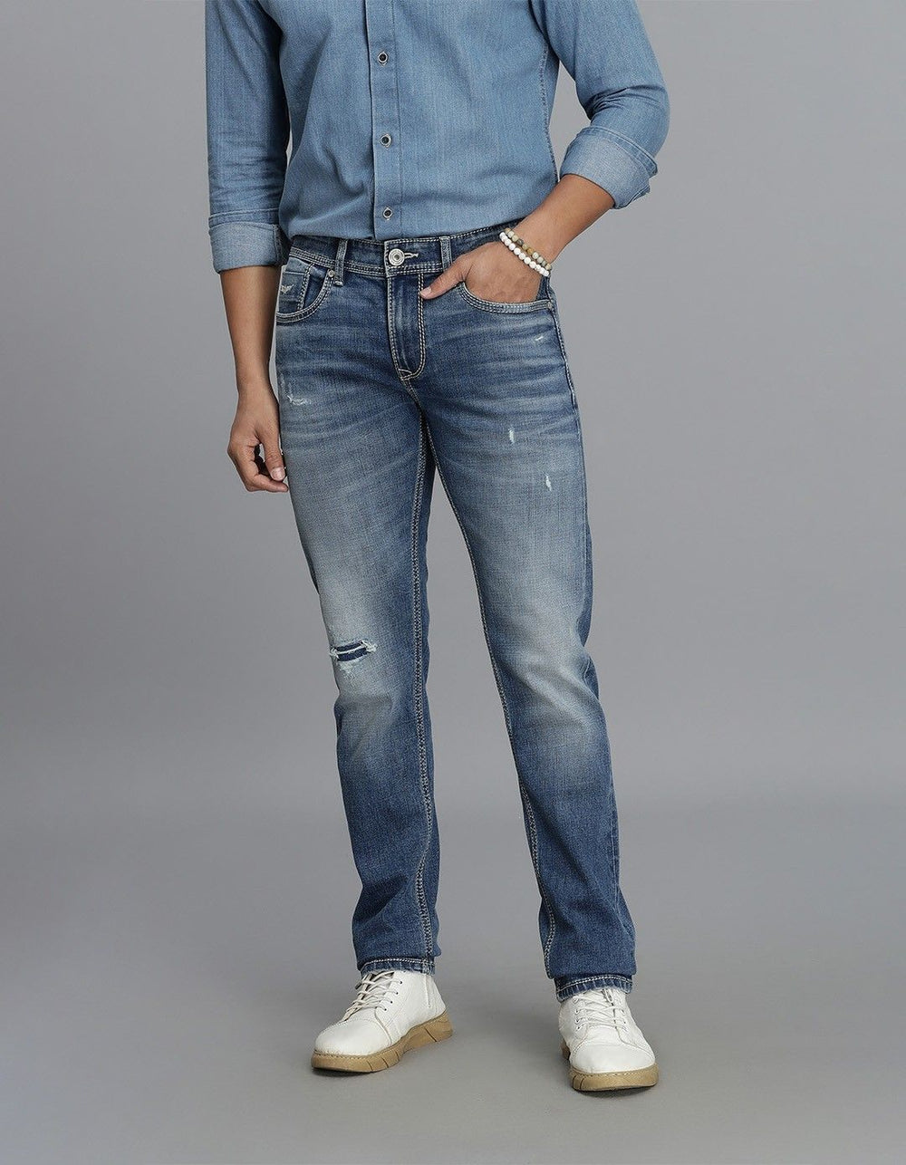 Med Blue 5 Pocket Mid-Rise Slim Straight Fit Jeans