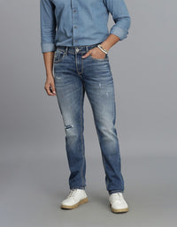 Med Blue 5 Pocket Mid-Rise Slim Straight Fit Jeans