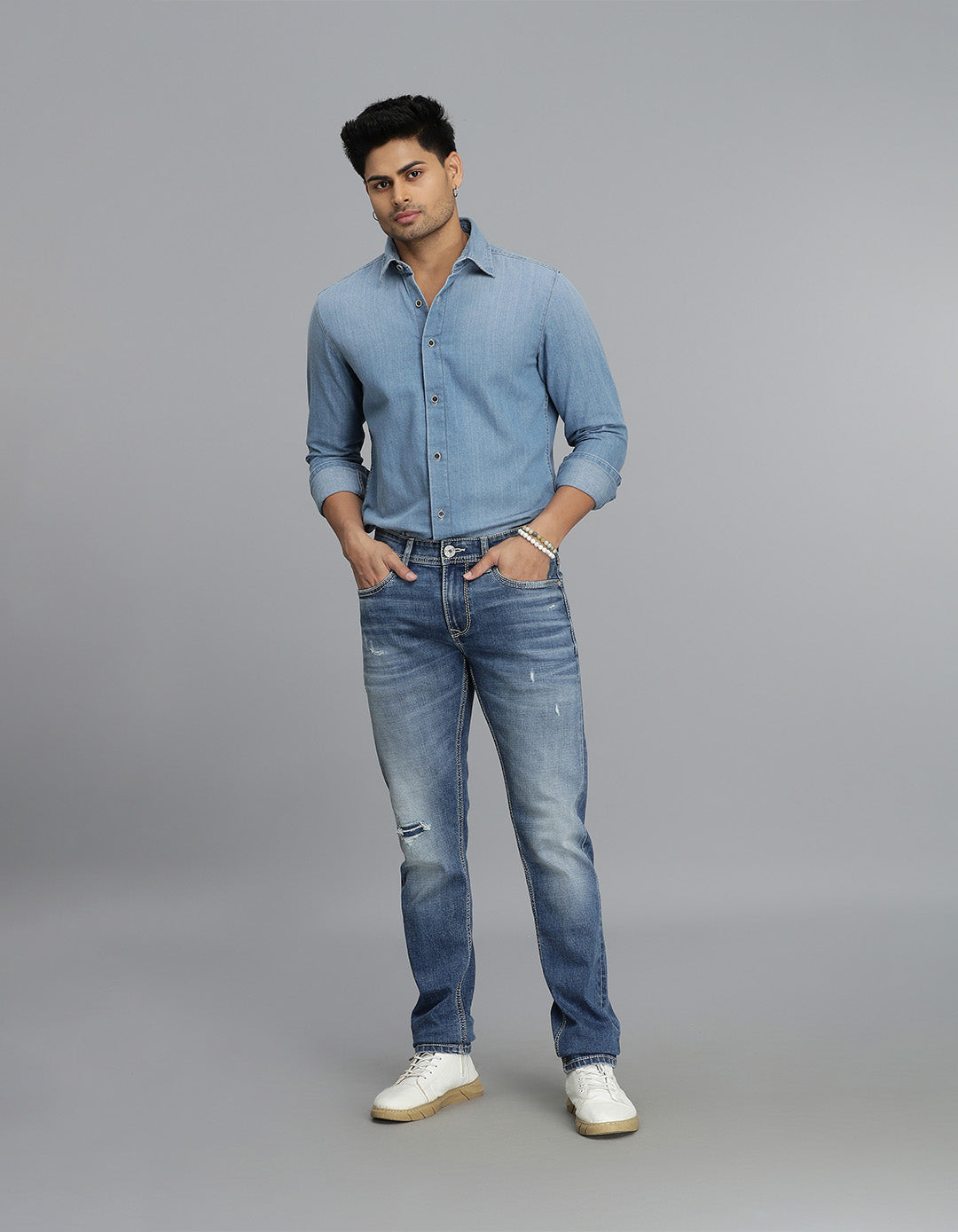 Med Blue 5 Pocket Mid-Rise Slim Straight Fit Jeans