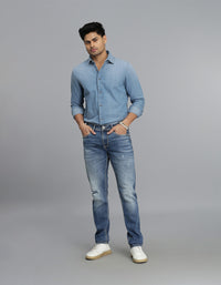 Med Blue 5 Pocket Mid-Rise Slim Straight Fit Jeans