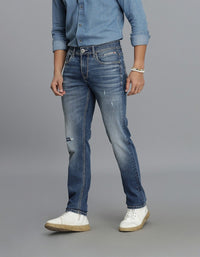 Med Blue 5 Pocket Mid-Rise Slim Straight Fit Jeans
