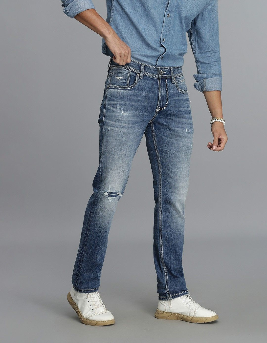 Med Blue 5 Pocket Mid-Rise Slim Straight Fit Jeans