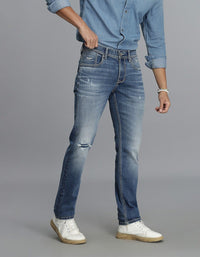 Med Blue 5 Pocket Mid-Rise Slim Straight Fit Jeans