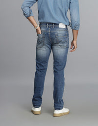 Med Blue 5 Pocket Mid-Rise Slim Straight Fit Jeans