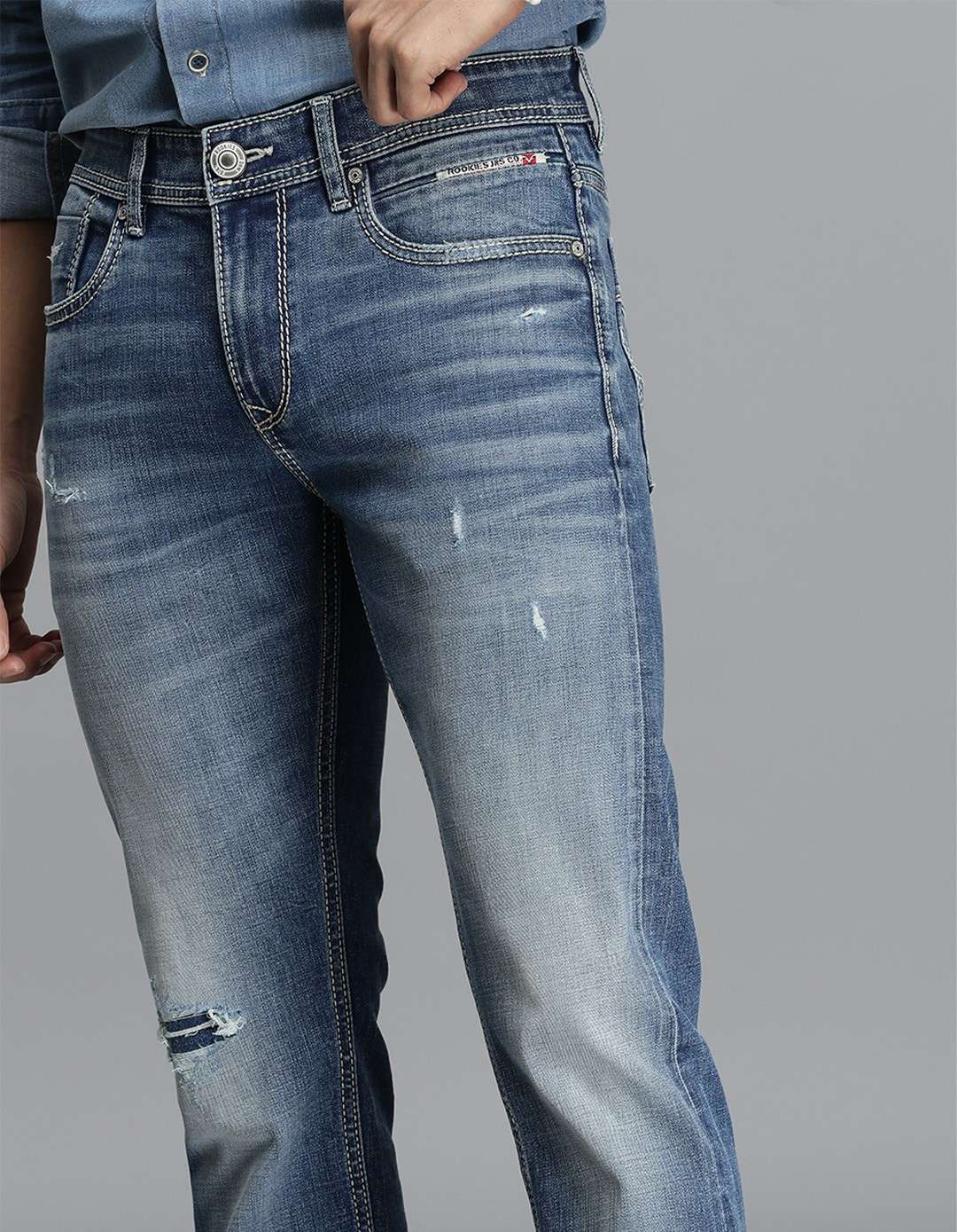 Med Blue 5 Pocket Mid-Rise Slim Straight Fit Jeans