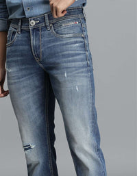 Med Blue 5 Pocket Mid-Rise Slim Straight Fit Jeans