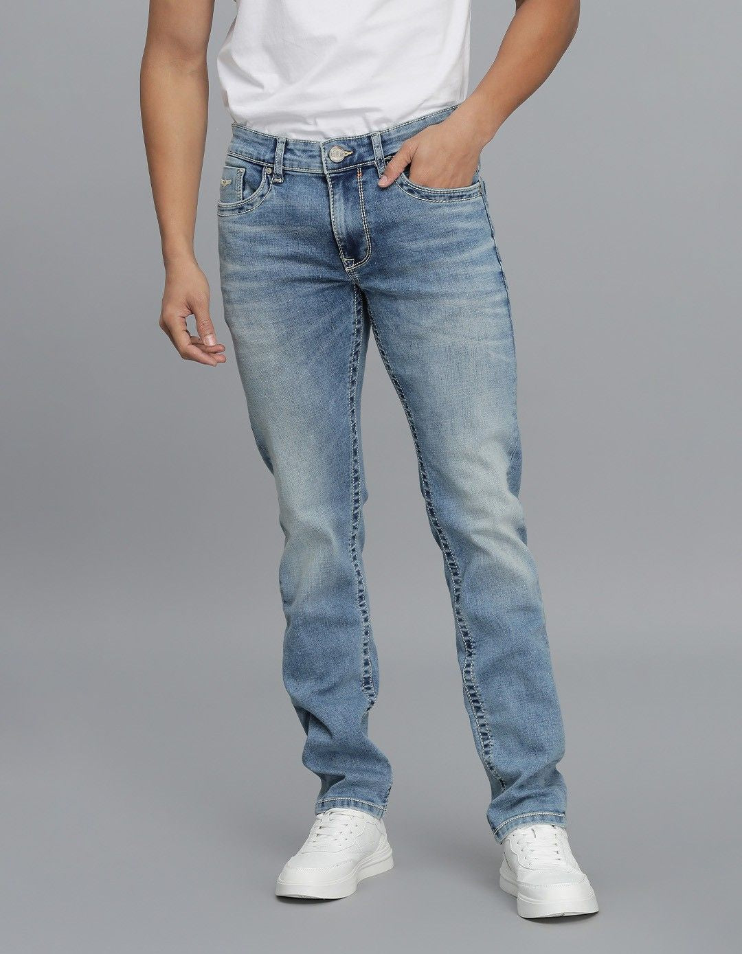 Lt Blue 5 Pocket Mid-Rise Slim Straight Fit Jeans
