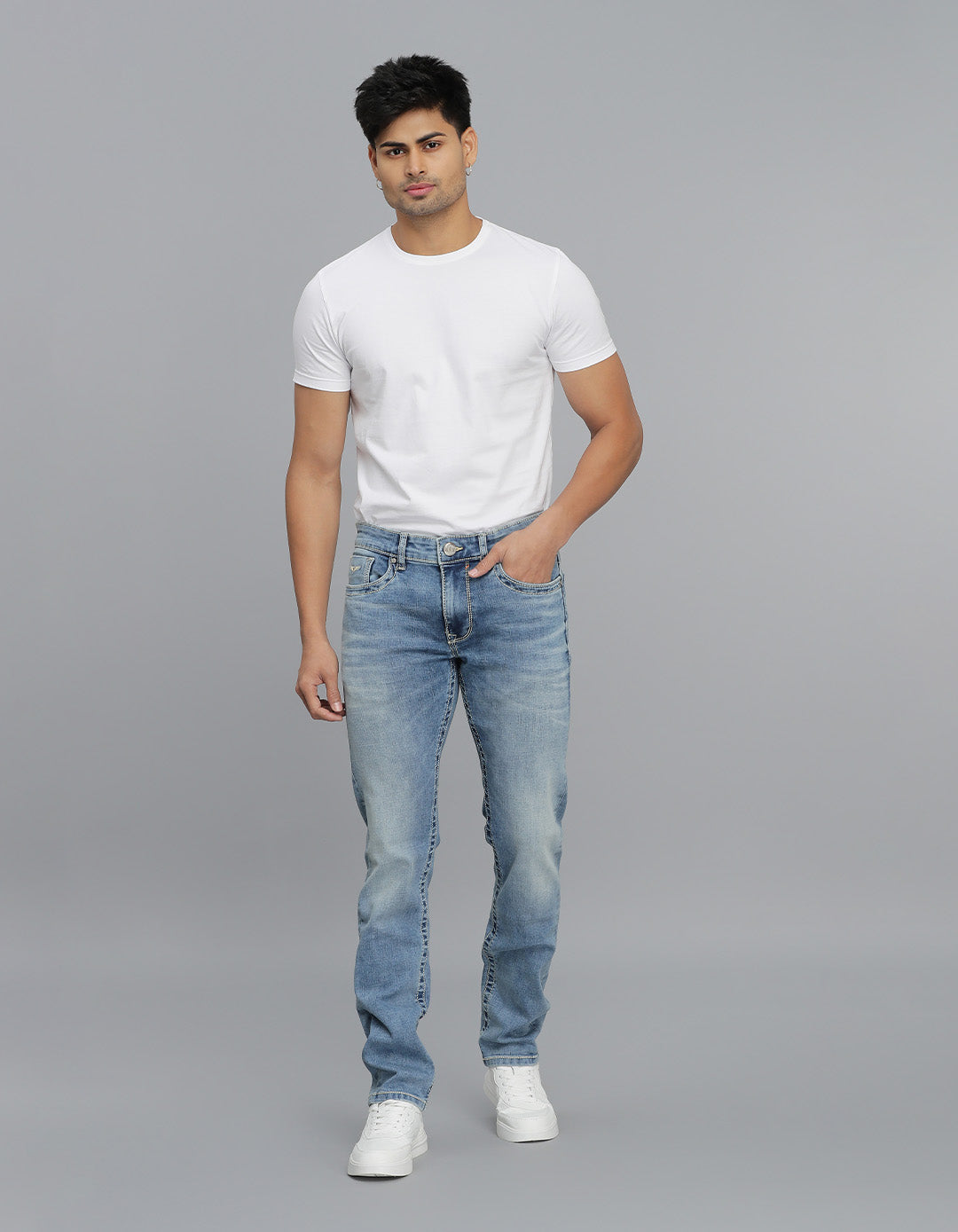 Lt Blue 5 Pocket Mid-Rise Slim Straight Fit Jeans