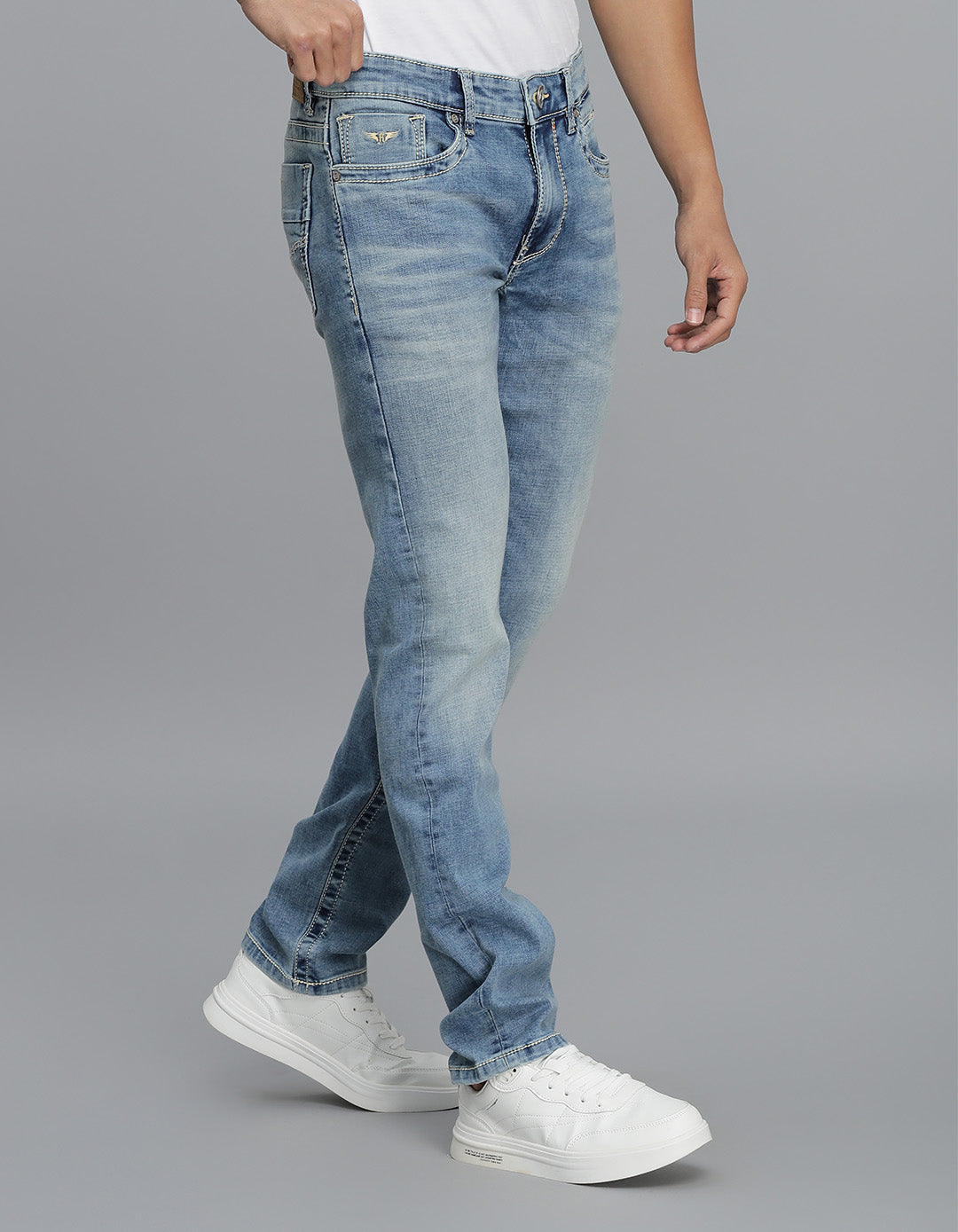Lt Blue 5 Pocket Mid-Rise Slim Straight Fit Jeans