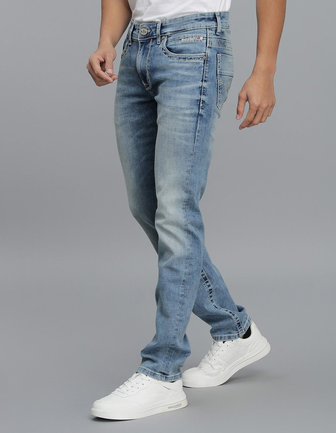 Lt Blue 5 Pocket Mid-Rise Slim Straight Fit Jeans