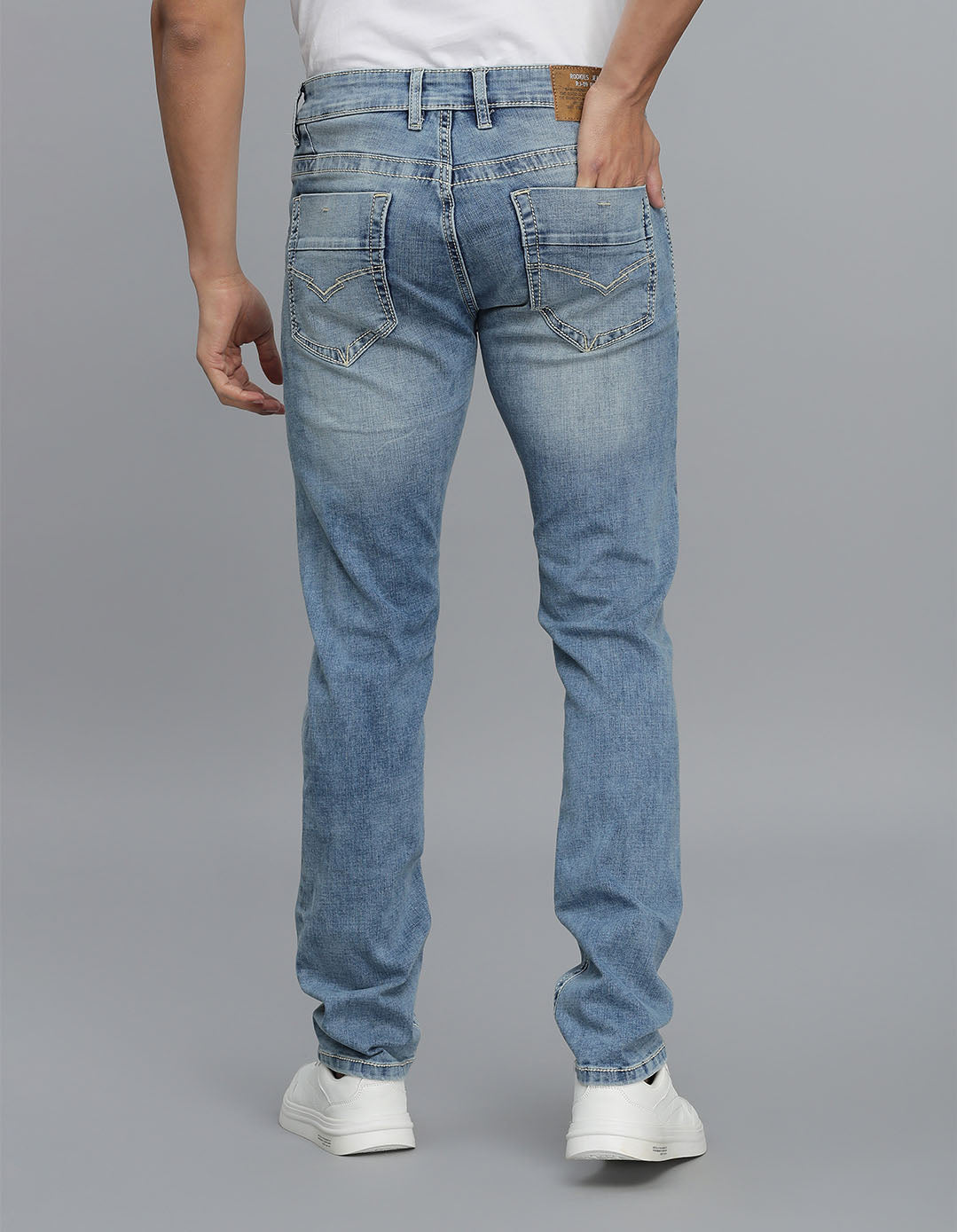 Lt Blue 5 Pocket Mid-Rise Slim Straight Fit Jeans