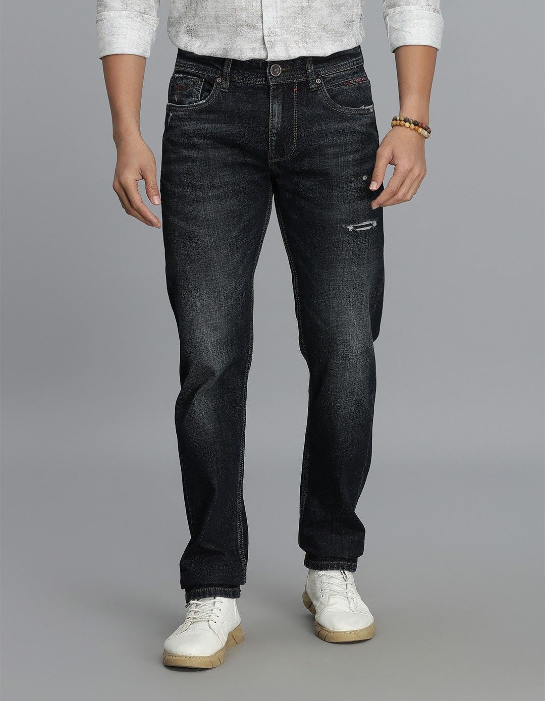 Dk Blue 5 Pocket Mid-Rise Slim Straight Fit Jeans