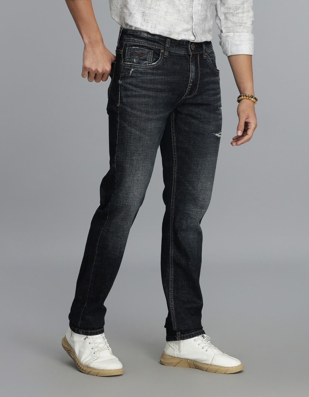 Dk Blue 5 Pocket Mid-Rise Slim Straight Fit Jeans