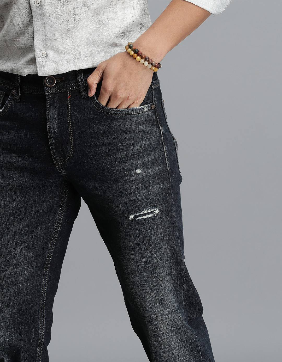 Dk Blue 5 Pocket Mid-Rise Slim Straight Fit Jeans