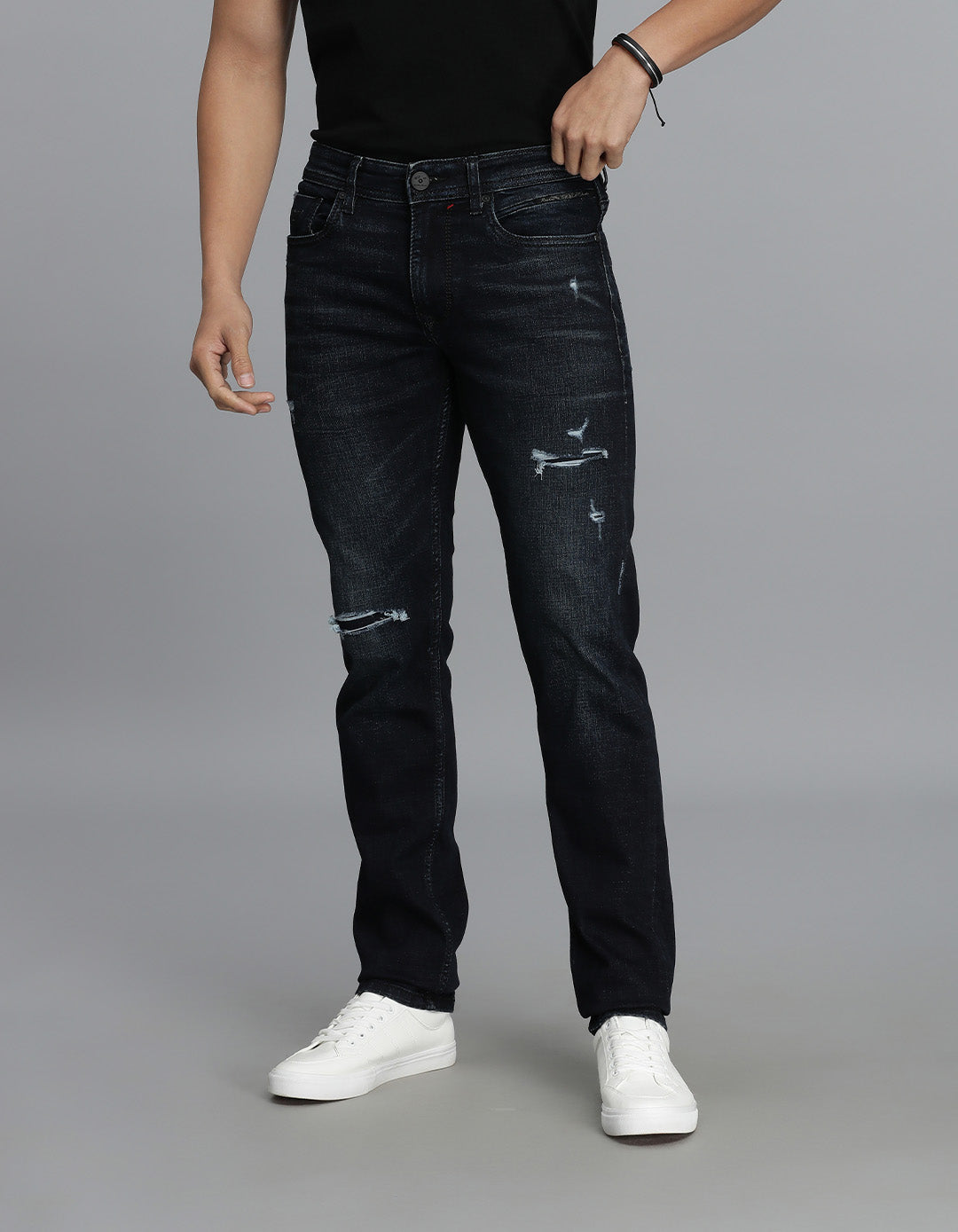 Dk Blue 5 Pocket Mid-Rise Slim Straight Fit Jeans