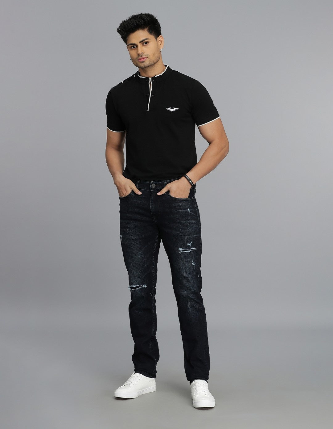 Dk Blue 5 Pocket Mid-Rise Slim Straight Fit Jeans