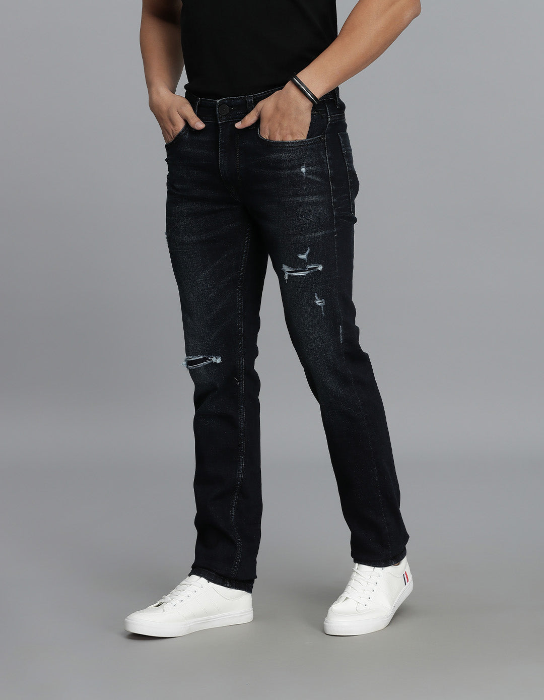 Dk Blue 5 Pocket Mid-Rise Slim Straight Fit Jeans