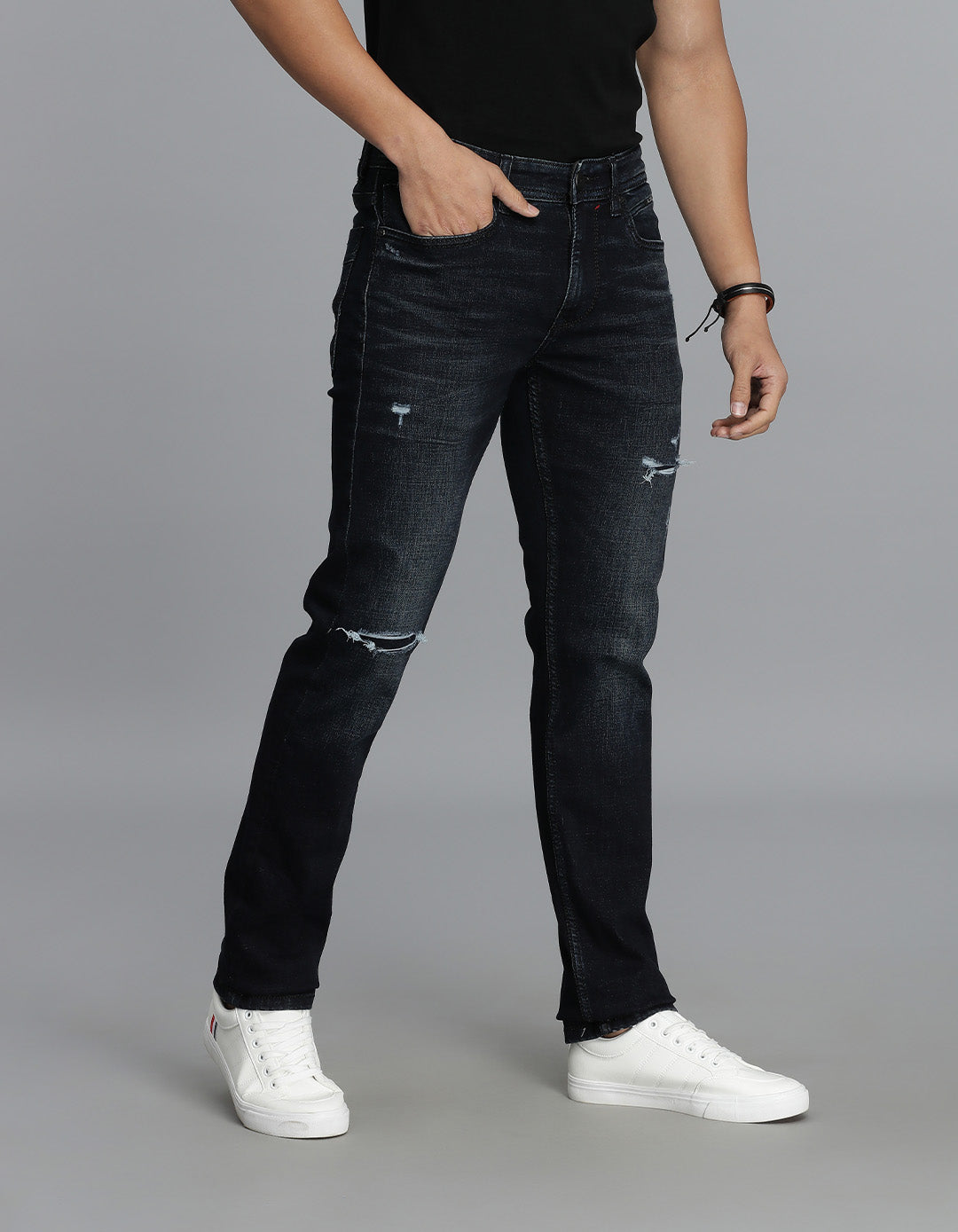 Dk Blue 5 Pocket Mid-Rise Slim Straight Fit Jeans
