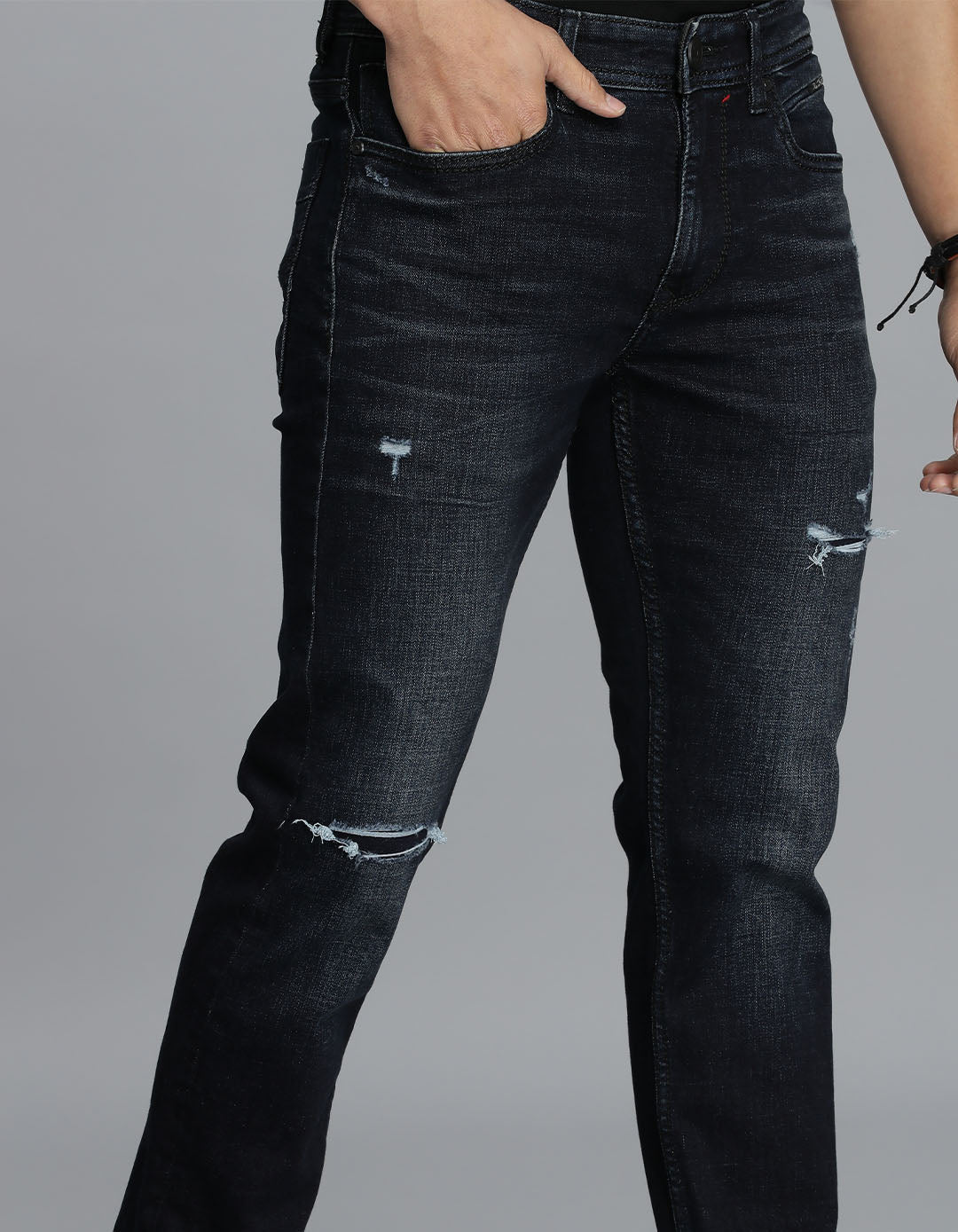 Dk Blue 5 Pocket Mid-Rise Slim Straight Fit Jeans