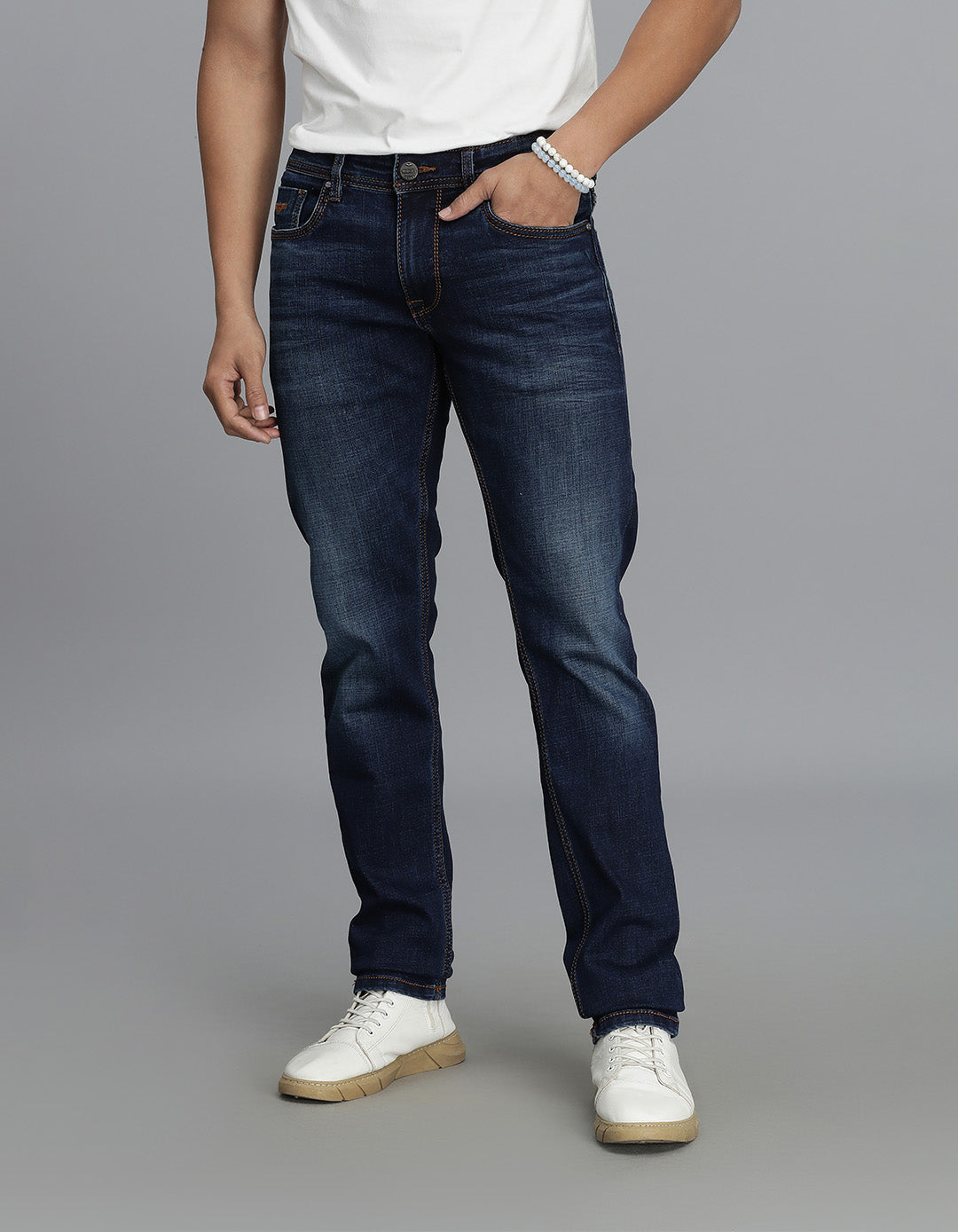 Dk Blue 5 Pocket Mid-Rise Slim Straight Fit Jeans