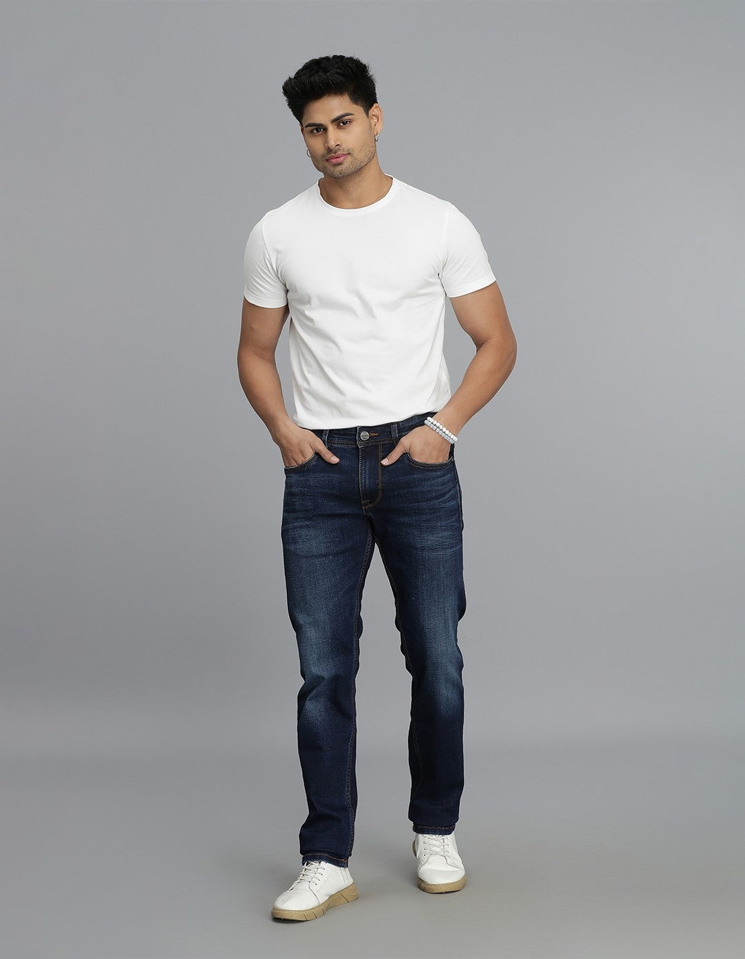 Dk Blue 5 Pocket Mid-Rise Slim Straight Fit Jeans