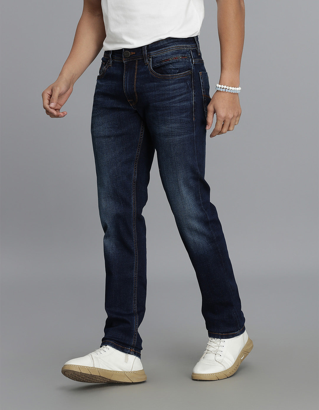 Dk Blue 5 Pocket Mid-Rise Slim Straight Fit Jeans