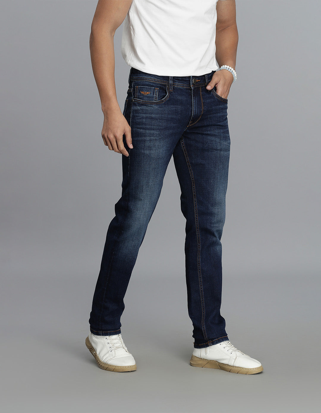 Dk Blue 5 Pocket Mid-Rise Slim Straight Fit Jeans