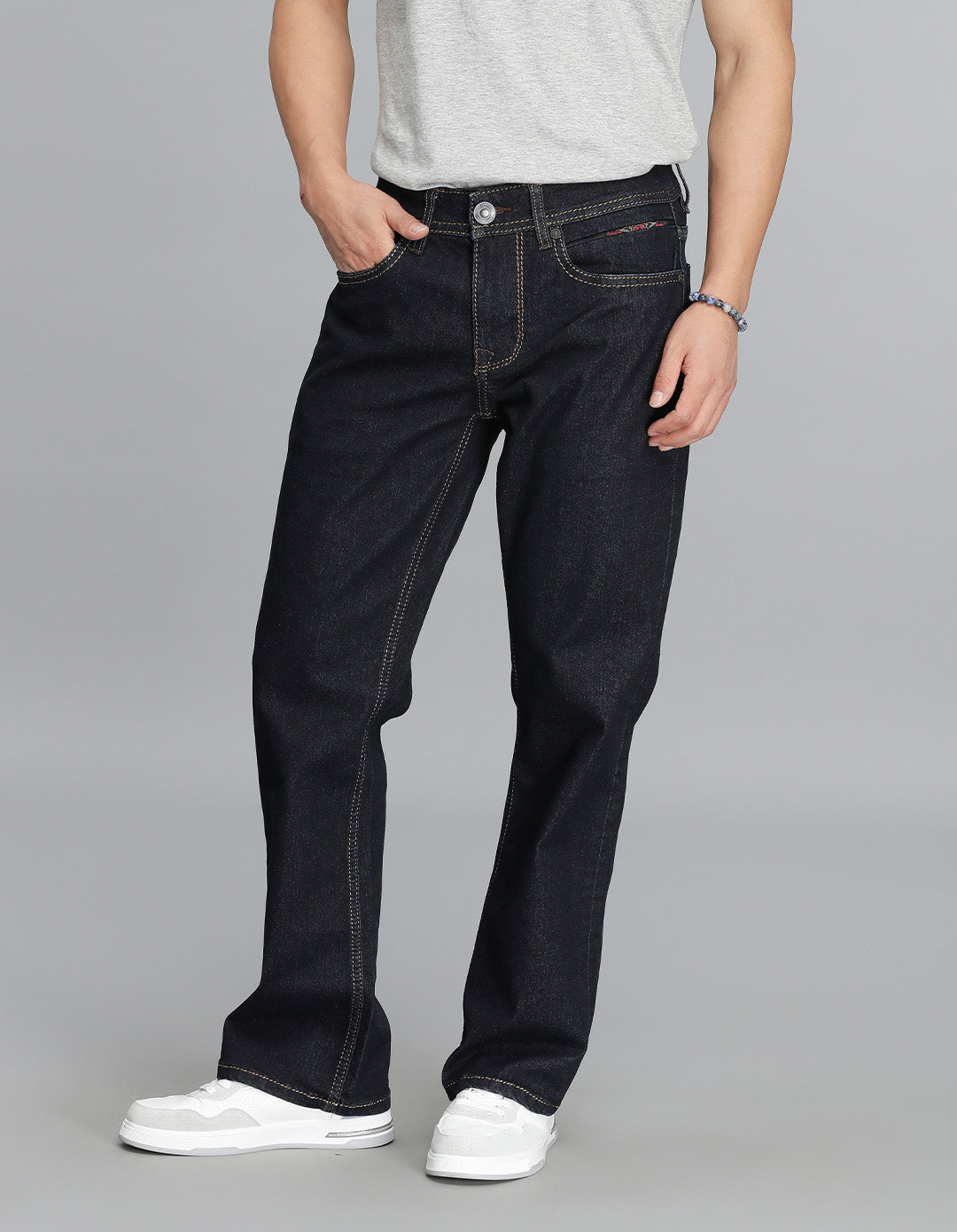 Dk Blue 5 Pocket Mid Rise Loose Boot Leg Cropped Jeans