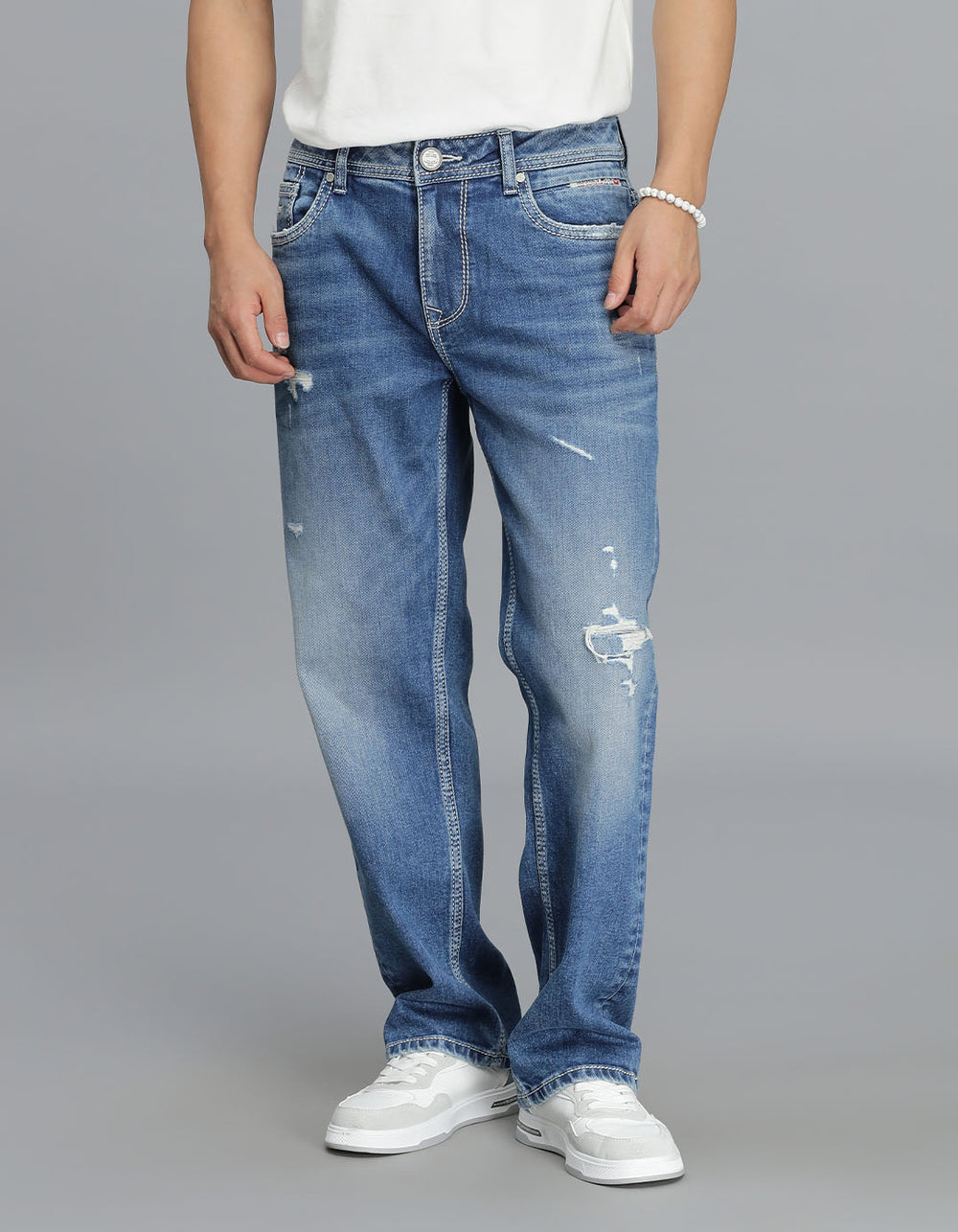 Med Blue 5 Pocket Midrise, Comfort Straight Fit Cropped Jeans