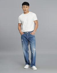 Med Blue 5 Pocket Midrise, Comfort Straight Fit Cropped Jeans