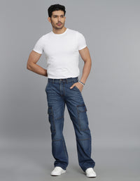 Med Blue Loose Fit Denim Cargo Pant